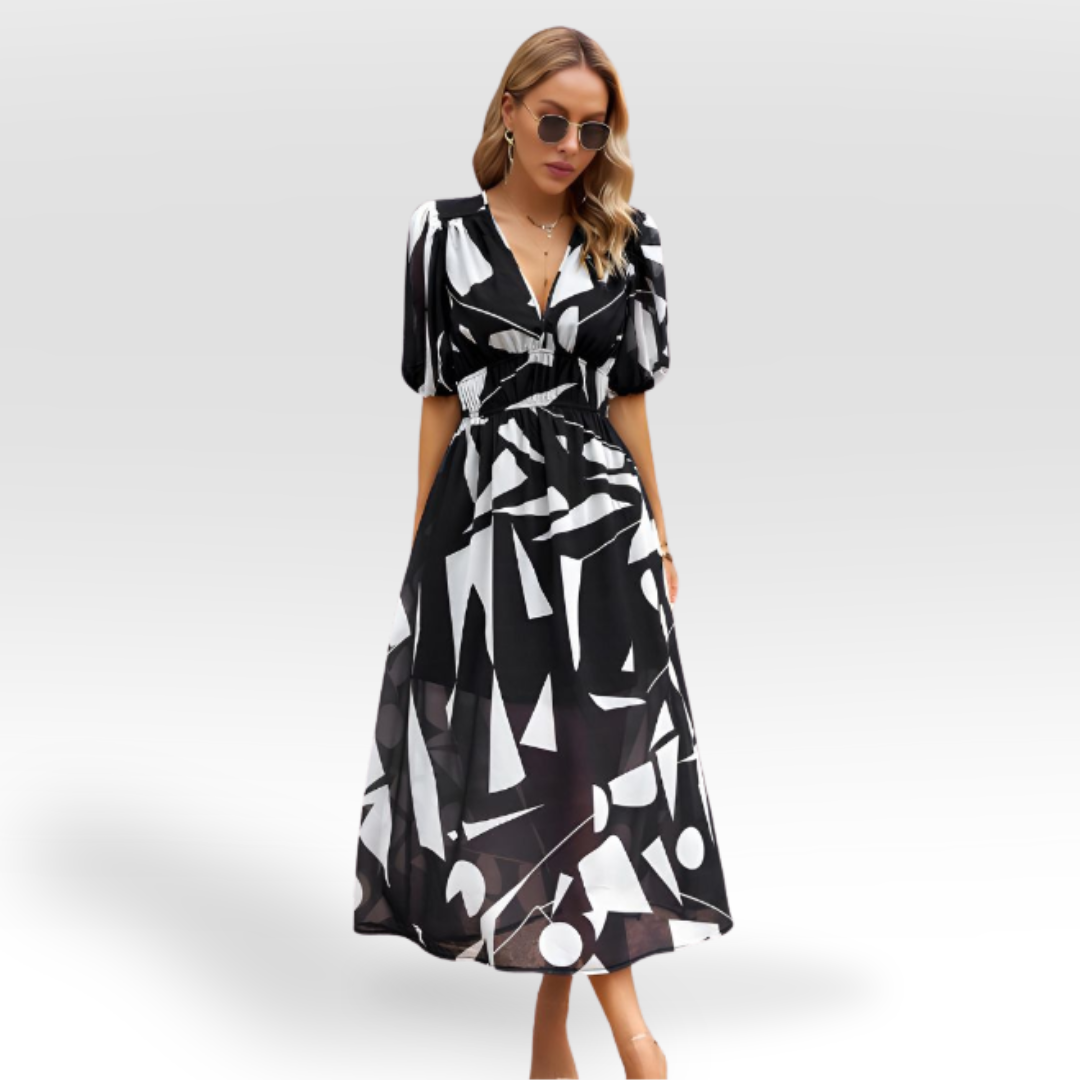 Vestido midi con vuelo y escote en V encantador – CHARESSA