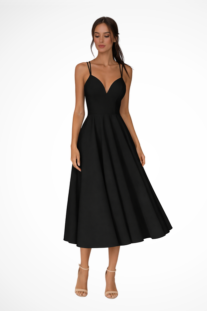 LUNARIA – Vestido midi de invitada con tirantes finos y falda evasé