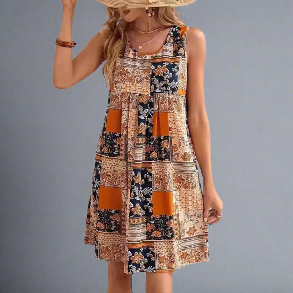 SOLARA – Vestido mini con estampado bohemio y diseño sin mangas para mujer