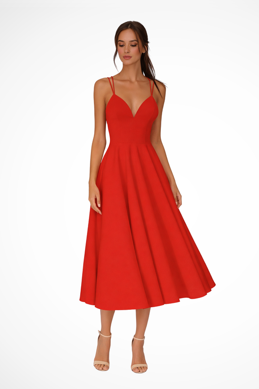 LUNARIA – Vestido midi de invitada con tirantes finos y falda evasé