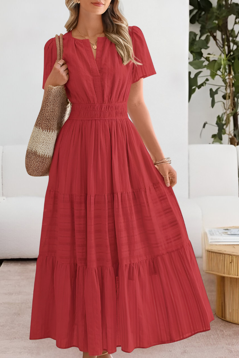 Elena – Vestido maxi con cintura fruncida y mangas cortas para mujer