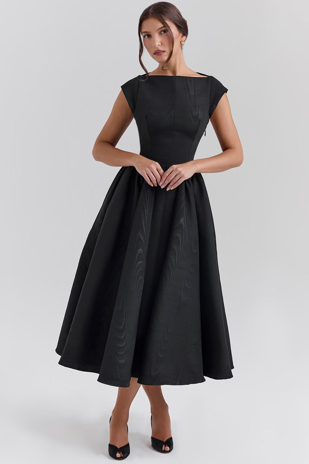 Elara – Vestido midi sin mangas con espalda descubierta y corte en línea A para mujer
