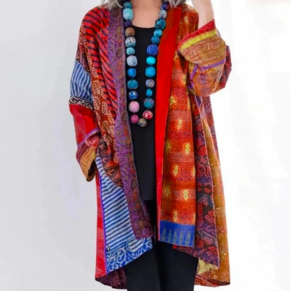 Kimono largo fluido con estampado étnico colorido para mujer – INDRA