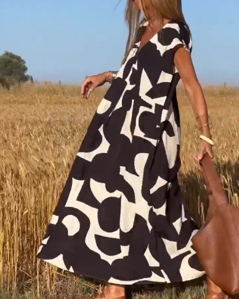 Vestido amplio con estampado gráfico y escote en V para mujer – MAËRYS