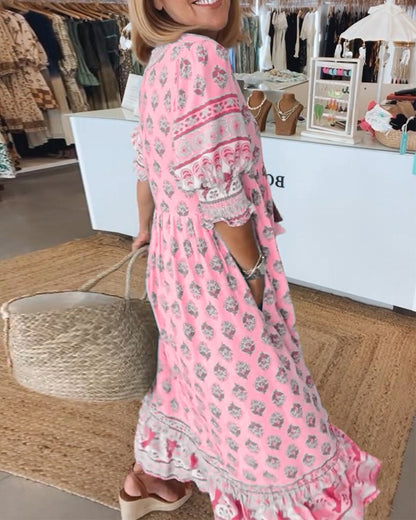 FIORELLA – Vestido midi bohemio con estampado y lazos de flecos para mujer