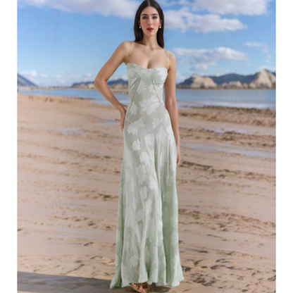 AMARANTE – Vestido maxi satinado de tirantes finos con corte en A