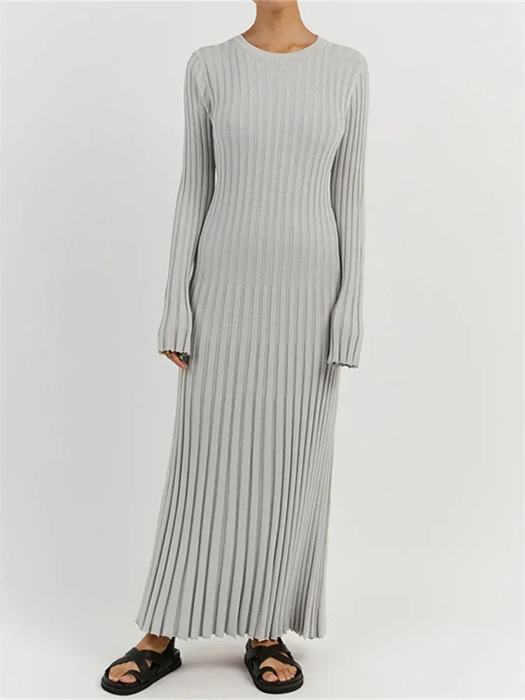 NEUS - Vestido largo ajustado de punto con diseño plisado y tela elástica para mujer