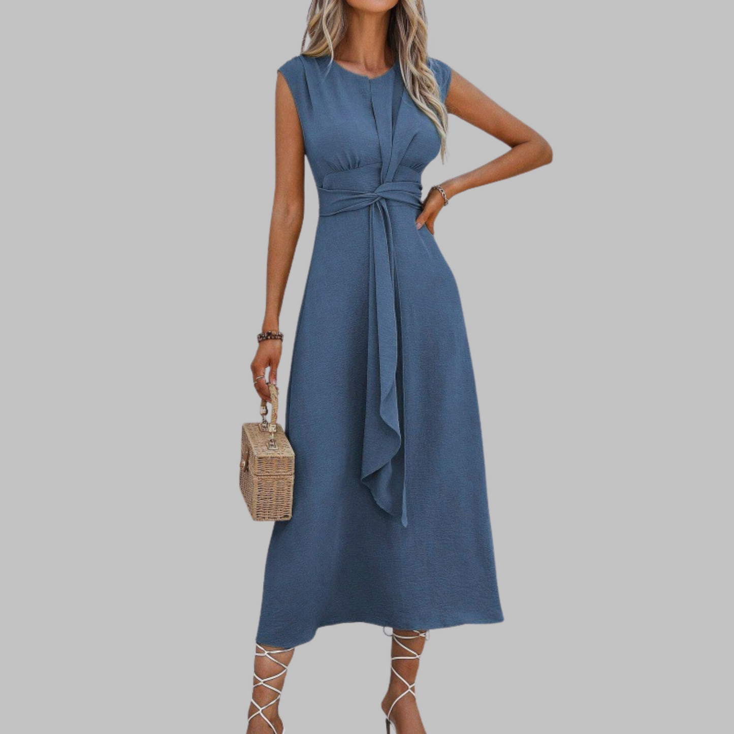 Evania – Vestido midi sin mangas con cinturón para mujer