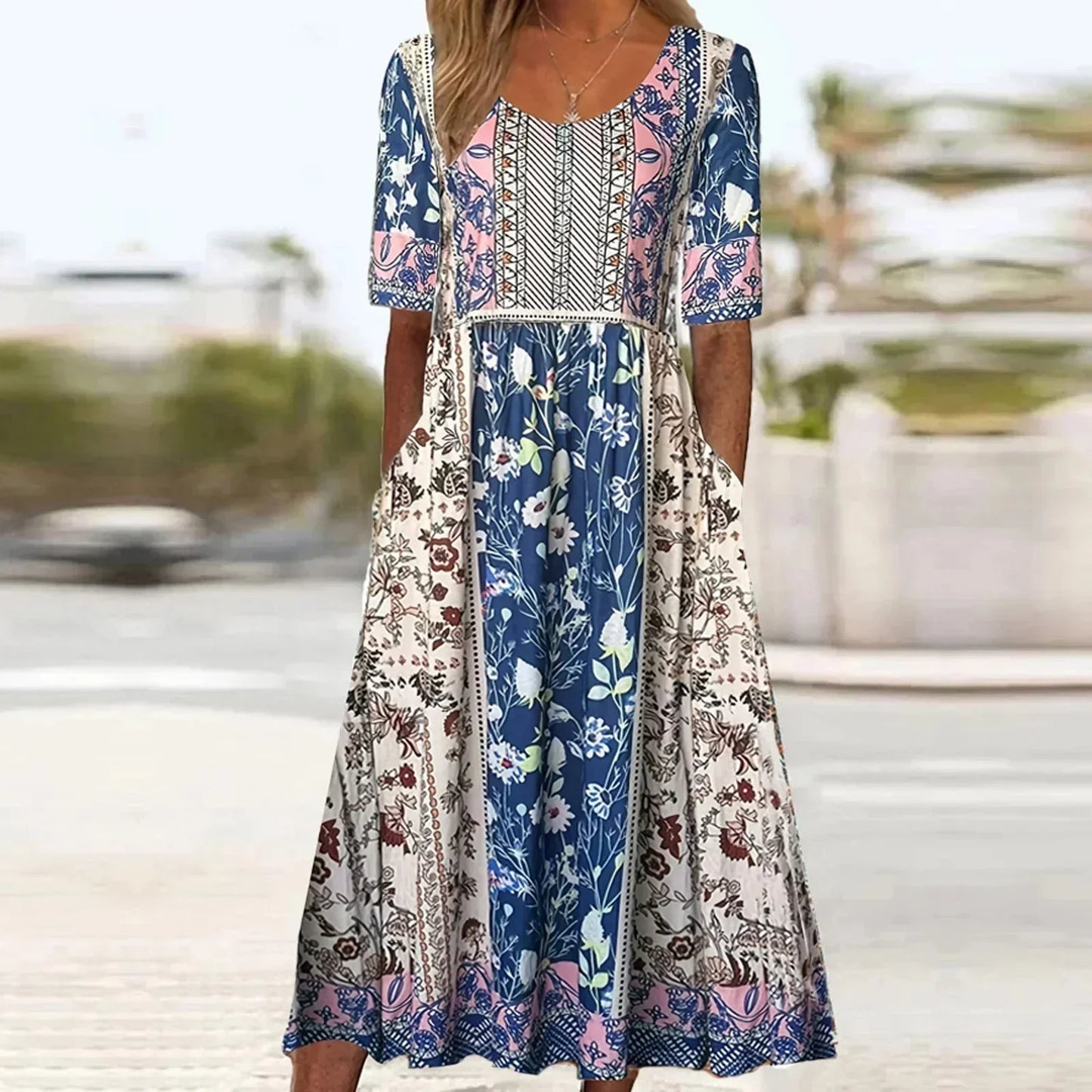 ARIELA – Vestido midi bohemio con escote cuadrado y mangas cortas para mujer