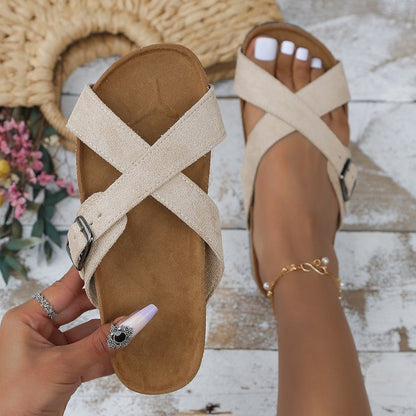 Marina - Sandalias de Playa Planas con Correas Cruzadas y Hebilla de Verano para Mujer