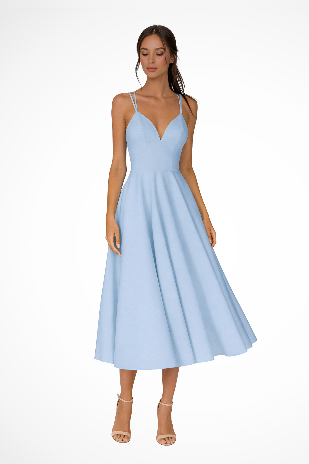 LUNARIA – Vestido midi de invitada con tirantes finos y falda evasé