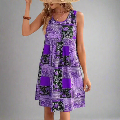 SOLARA – Vestido mini con estampado bohemio y diseño sin mangas para mujer