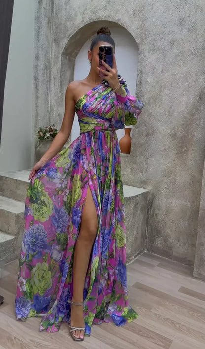 Florencia – Vestido maxi de verano con un hombro descubierto y estampado floral para mujer