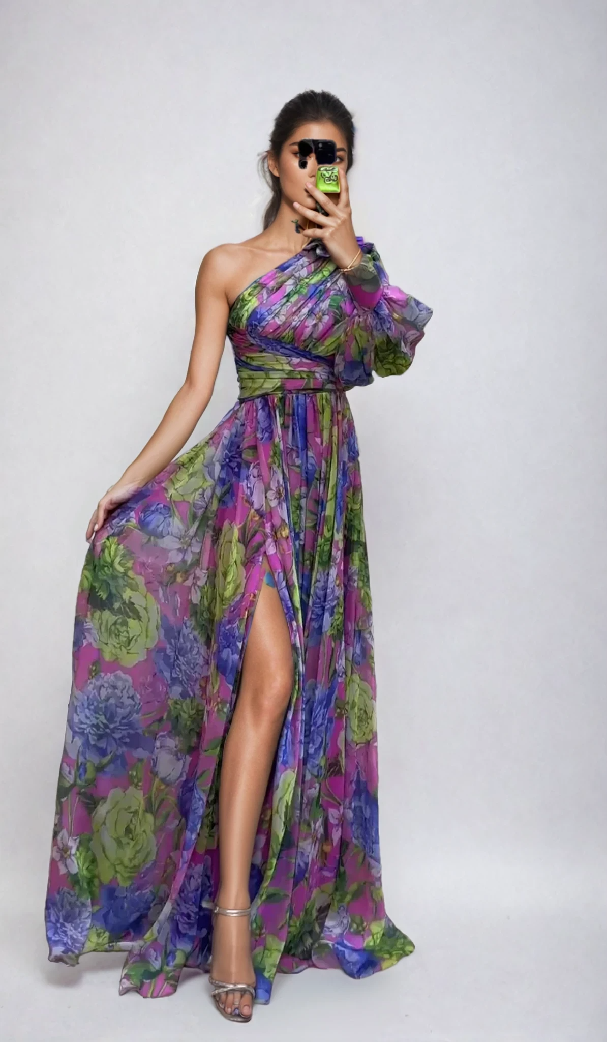 Florencia – Vestido maxi de verano con un hombro descubierto y estampado floral para mujer