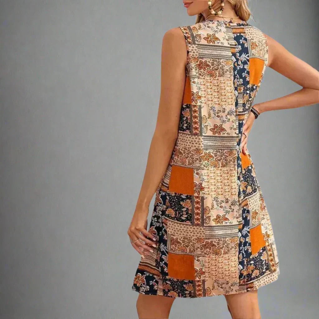 SOLARA – Vestido mini con estampado bohemio y diseño sin mangas para mujer