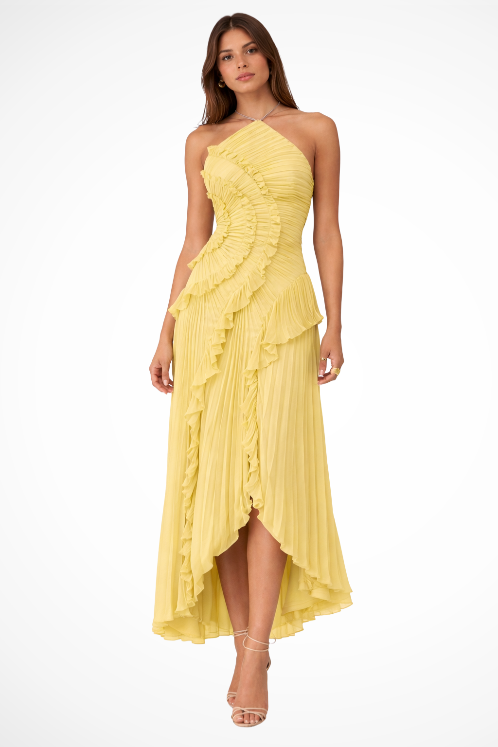 Imogen – Vestido maxi halter sin mangas con espalda descubierta y volantes para mujer