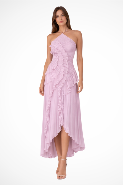 Imogen – Vestido maxi halter sin mangas con espalda descubierta y volantes para mujer
