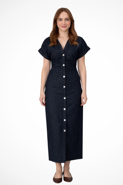 LIVIANA – Vestido maxi de mezclilla con botonadura frontal y cuello solapa