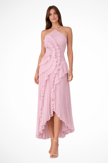 Imogen – Vestido maxi halter sin mangas con espalda descubierta y volantes para mujer
