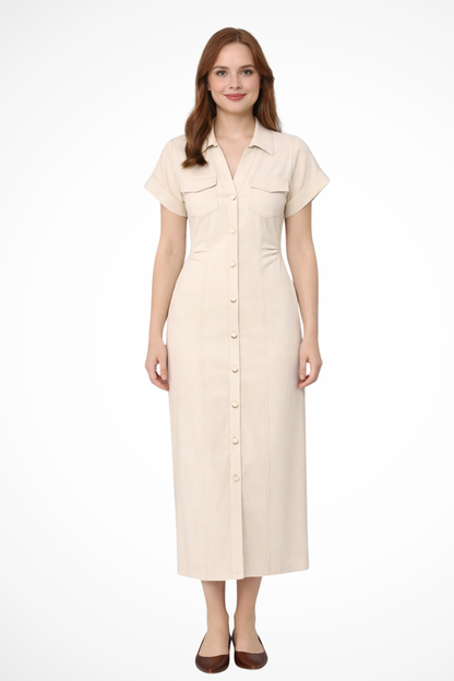 LIVIANA – Vestido maxi de mezclilla con botonadura frontal y cuello solapa