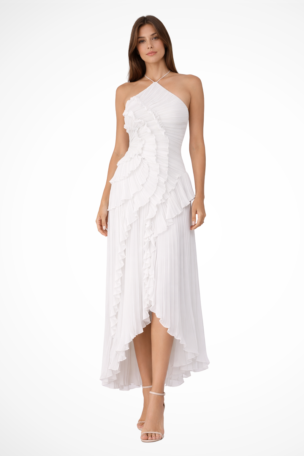 Imogen – Vestido maxi halter sin mangas con espalda descubierta y volantes para mujer