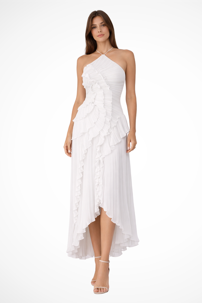 Imogen – Vestido maxi halter sin mangas con espalda descubierta y volantes para mujer