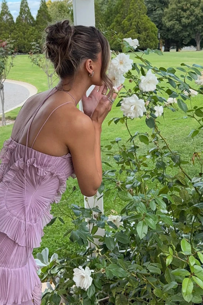 Imogen – Vestido maxi halter sin mangas con espalda descubierta y volantes para mujer