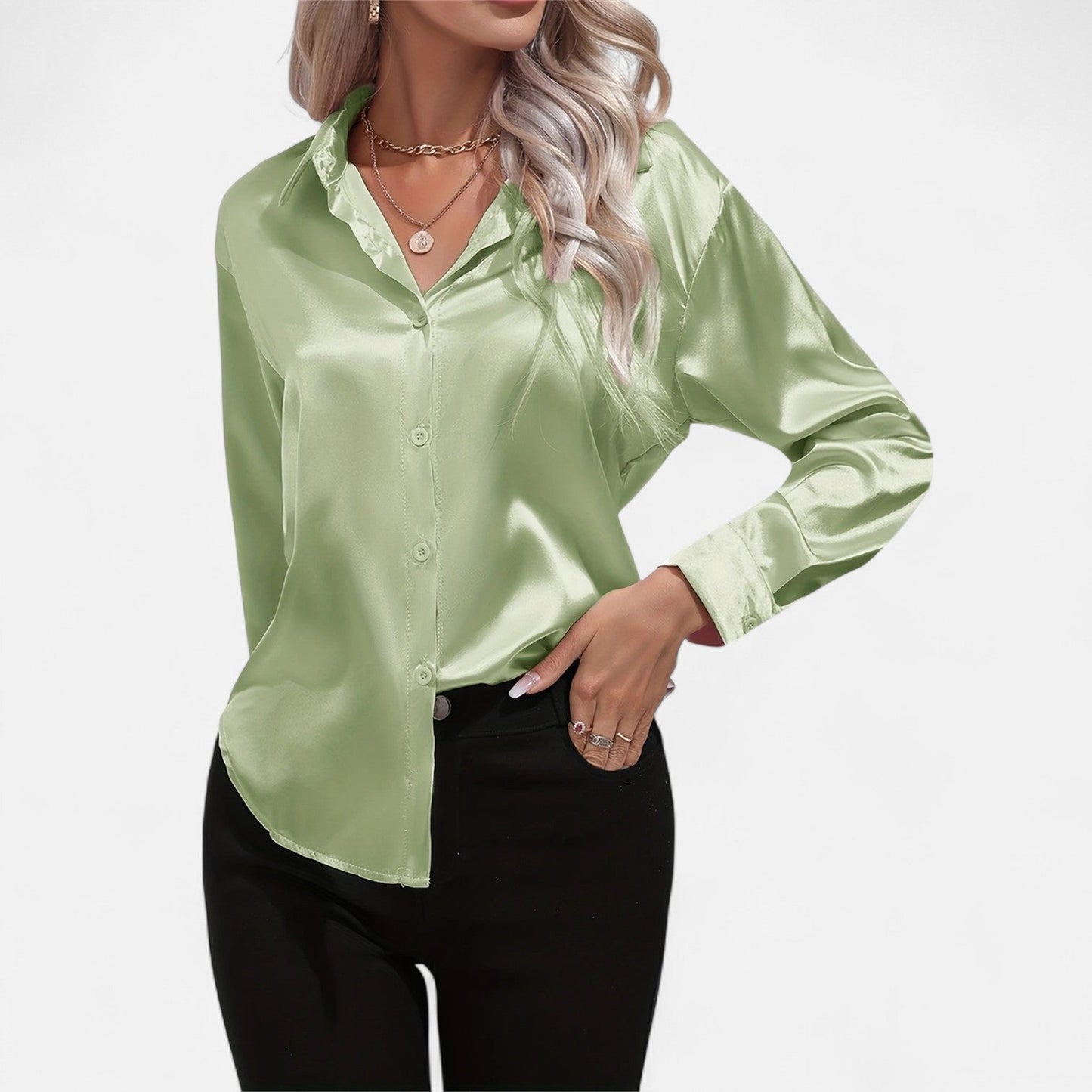Dorevelle – Camisa satén para mujer con cuello clásico