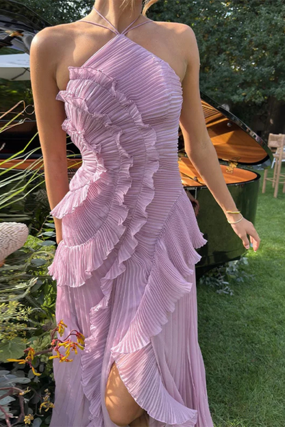 Imogen – Vestido maxi halter sin mangas con espalda descubierta y volantes para mujer