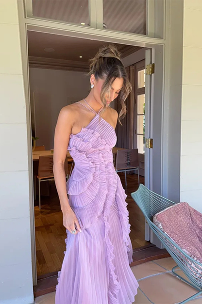 Imogen – Vestido maxi halter sin mangas con espalda descubierta y volantes para mujer