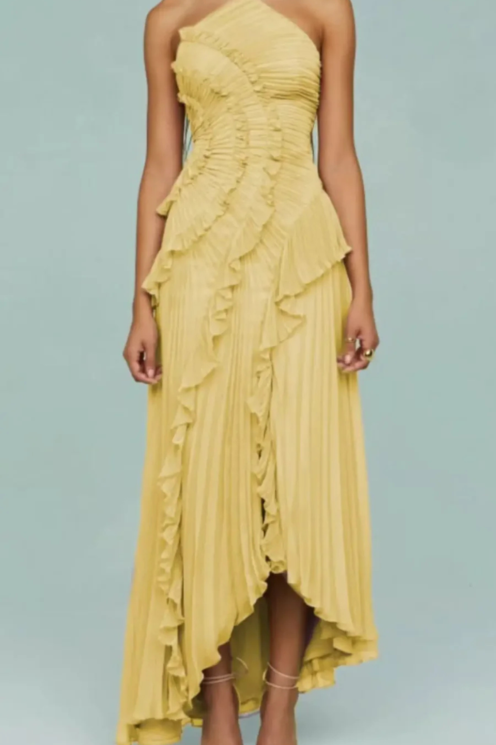 Imogen – Vestido maxi halter sin mangas con espalda descubierta y volantes para mujer