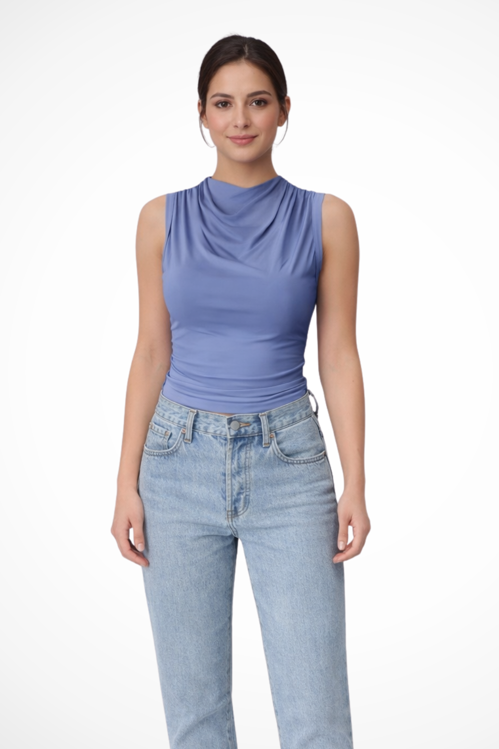 Kaia – Top sin mangas con cuello drapeado y peplum para mujer