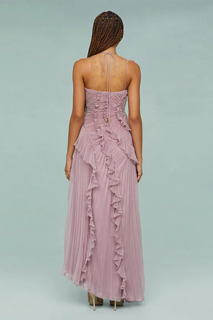 Imogen – Vestido maxi halter sin mangas con espalda descubierta y volantes para mujer