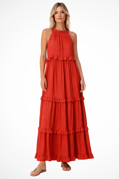 LUMIÈRE – Vestido maxi de invitada sin mangas con volante veraniego