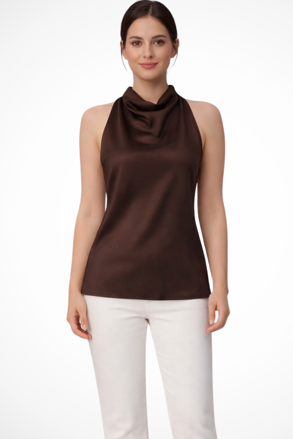 SERENA – Top satinado de tirante halter en marrón