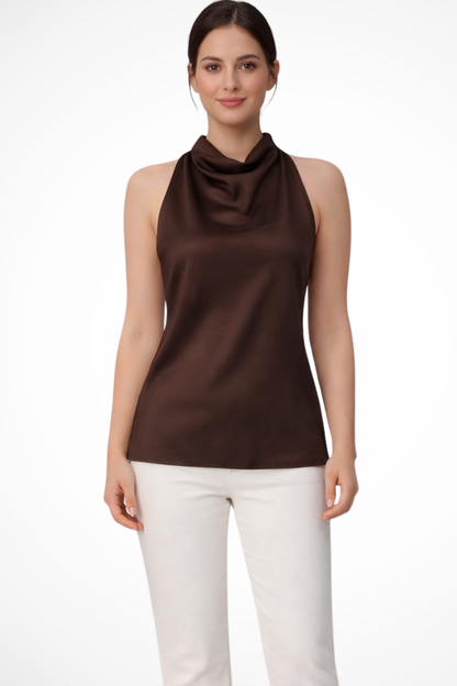 SERENA – Top satinado de tirante halter en marrón
