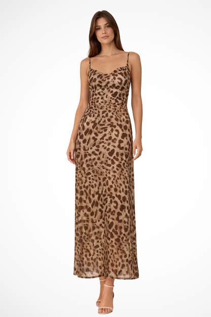 Selva – Vestido midi de estampado de leopardo con tirantes finos y volantes para mujer
