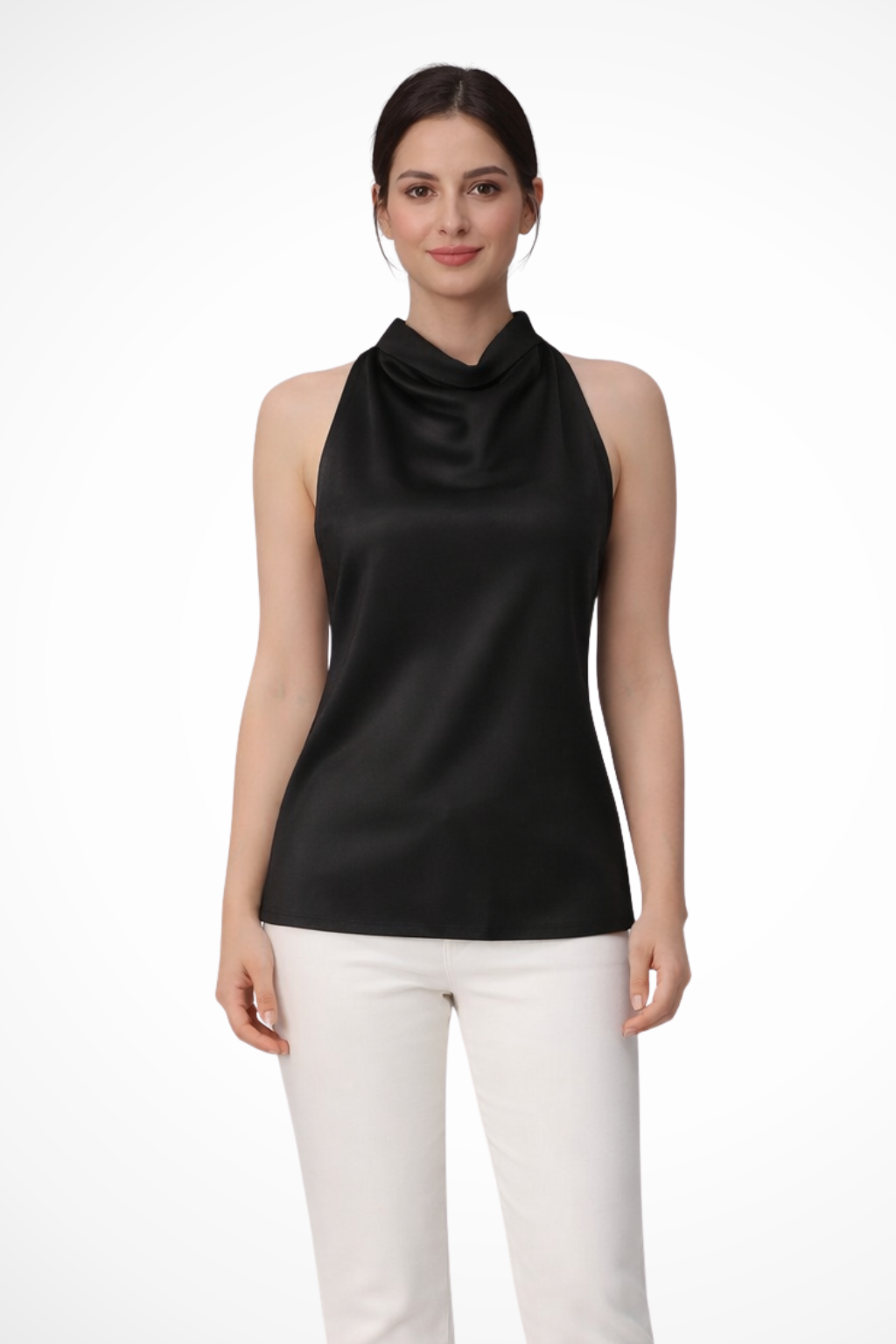 SERENA – Top satinado de tirante halter en marrón