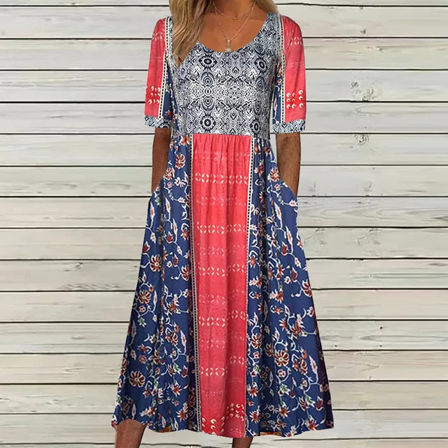 ARIELA – Vestido midi bohemio con escote cuadrado y mangas cortas para mujer