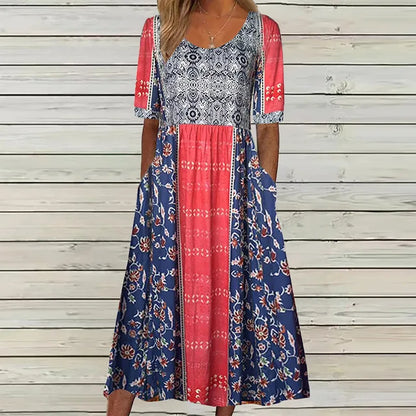 ARIELA – Vestido midi bohemio con escote cuadrado y mangas cortas para mujer