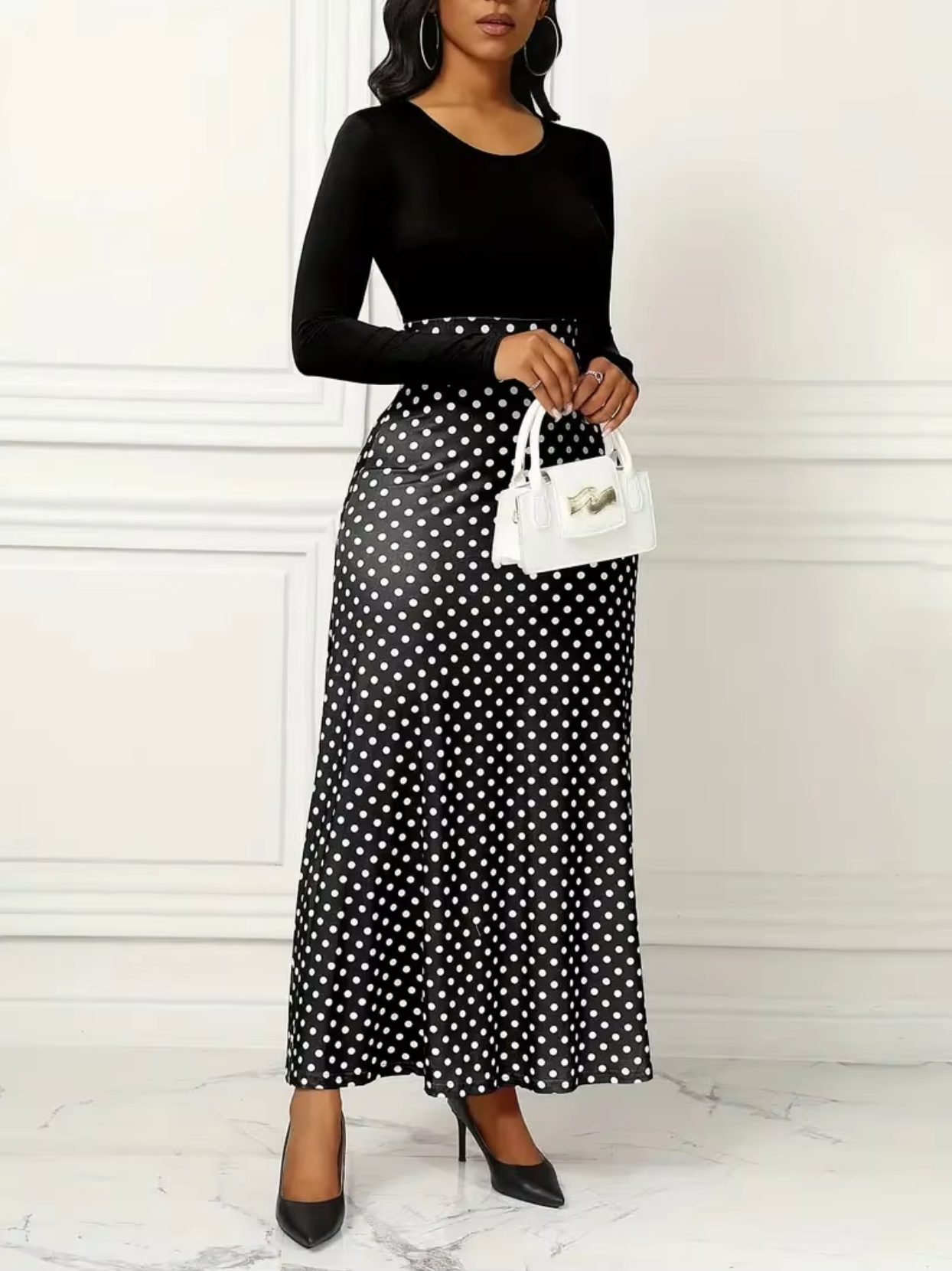 INES - Vestido maxi con estampado de lunares para mujer