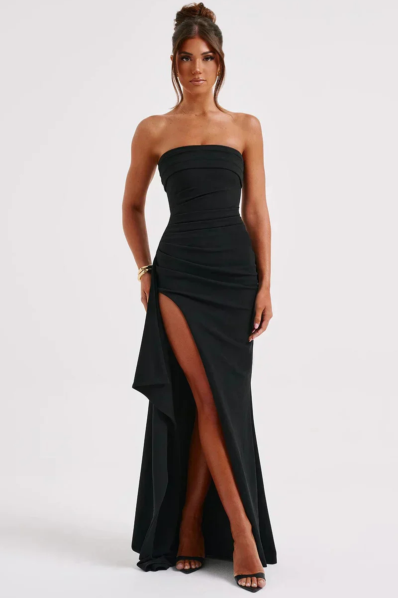 Estrella – Vestido maxi de noche sin tirantes con fruncido y abertura alta para mujer