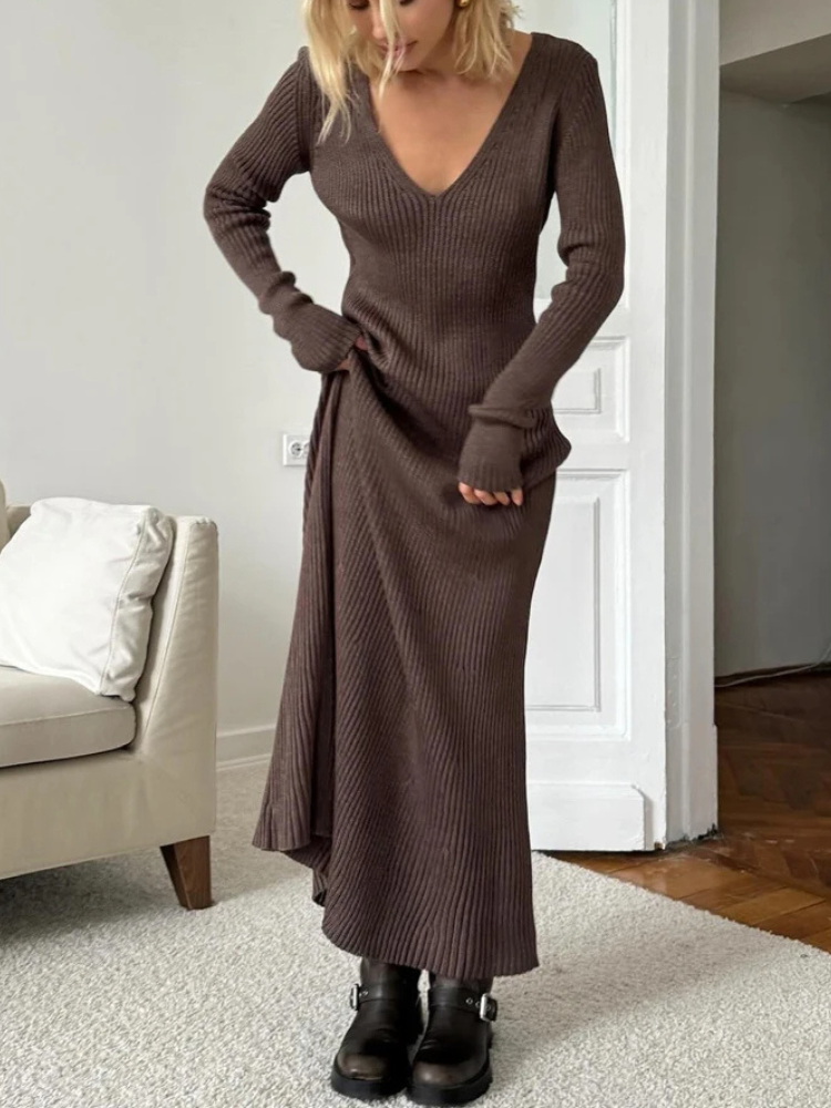 EULÀLIA - Vestido largo de punto acanalado con cuello en V manga larga de invierno para mujer