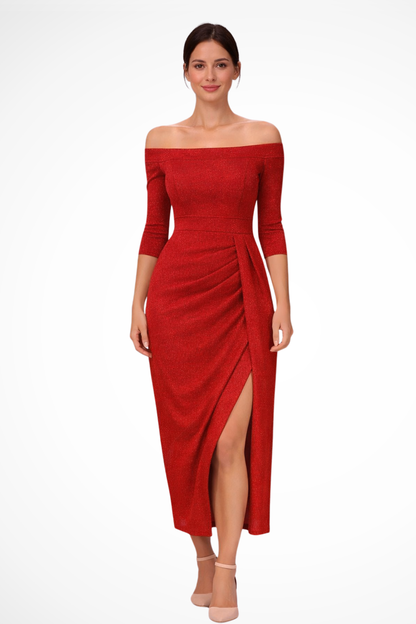 ARIELLE – Vestido midi de invitada hombros descubiertos con fruncido y abertura frontal