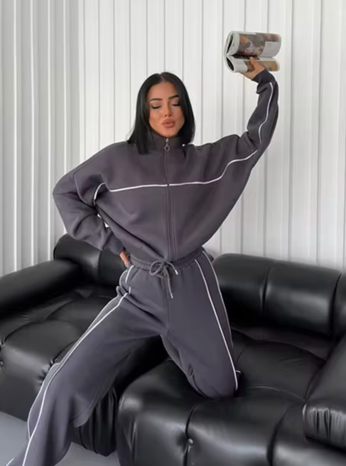 MAELLE - Conjunto de cárdigan de punto y pantalón con cuello alto para mujer