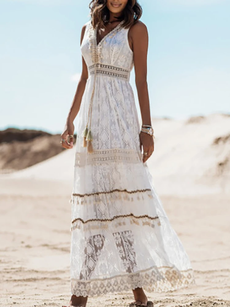 ELENA – Vestido maxi bohemio sin mangas con escote en V y abertura lateral para mujer