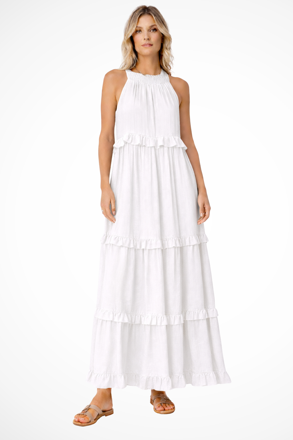 LUMIÈRE – Vestido maxi de invitada sin mangas con volante veraniego