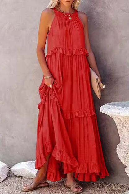 LUMIÈRE – Vestido maxi de invitada sin mangas con volante veraniego