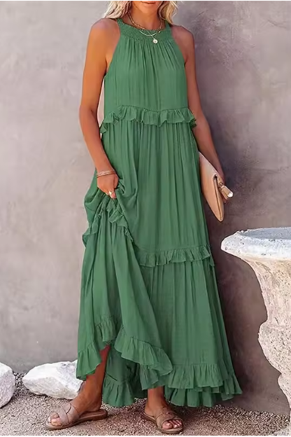 LUMIÈRE – Vestido maxi de invitada sin mangas con volante veraniego