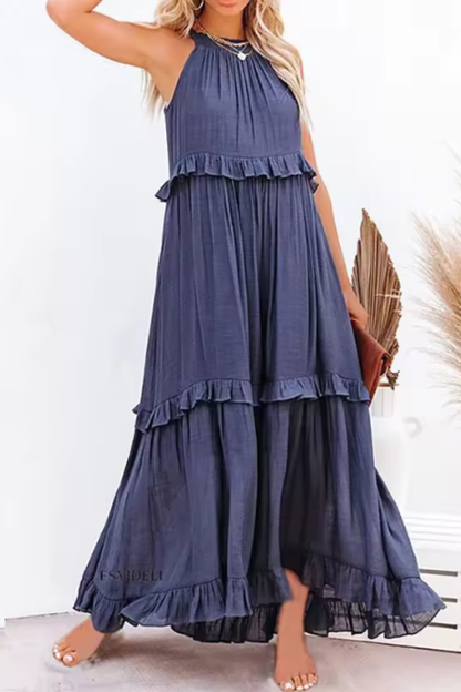 LUMIÈRE – Vestido maxi de invitada sin mangas con volante veraniego